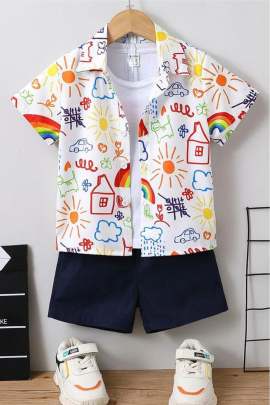 Cotton Half Sleeves Tee With Shorts Set Rainbow  Print