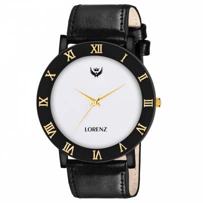 Lorenz Watch Black Leather Strap & White Roman Dial Analogue Watch for Men 