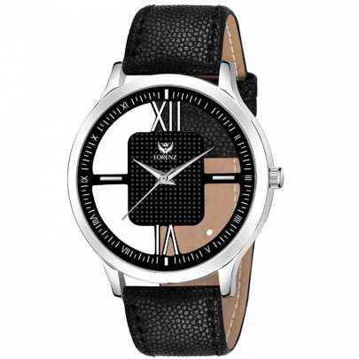 Lorenz Watch Black Leather Strap & Transparent Stylish Dial Analogue Watch for Men 