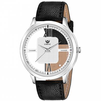 Lorenz Watch Black Leather Strap & Transparent Stylish White Dial Analogue Watch for Men 