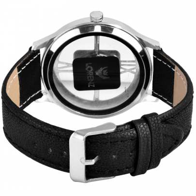 Lorenz Watch Black Leather Strap & Transparent Stylish White Dial Analogue Watch for Men 