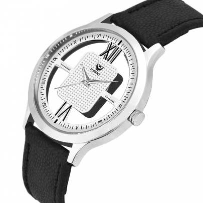 Lorenz Watch Black Leather Strap & Transparent Stylish White Dial Analogue Watch for Men 