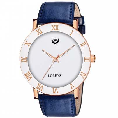 Lorenz Watch Blue Leather Strap & White Roman Dial Analogue Watch for Men 