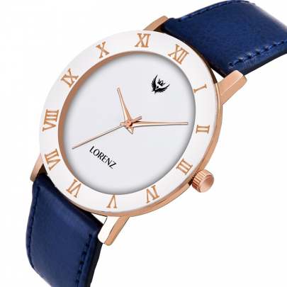 Lorenz Watch Blue Leather Strap & White Roman Dial Analogue Watch for Men 