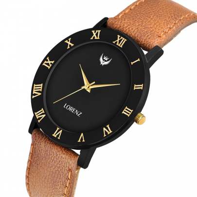 Lorenz Watch Brown Leather Strap & Black Roman Dial Analogue Watch for Men 